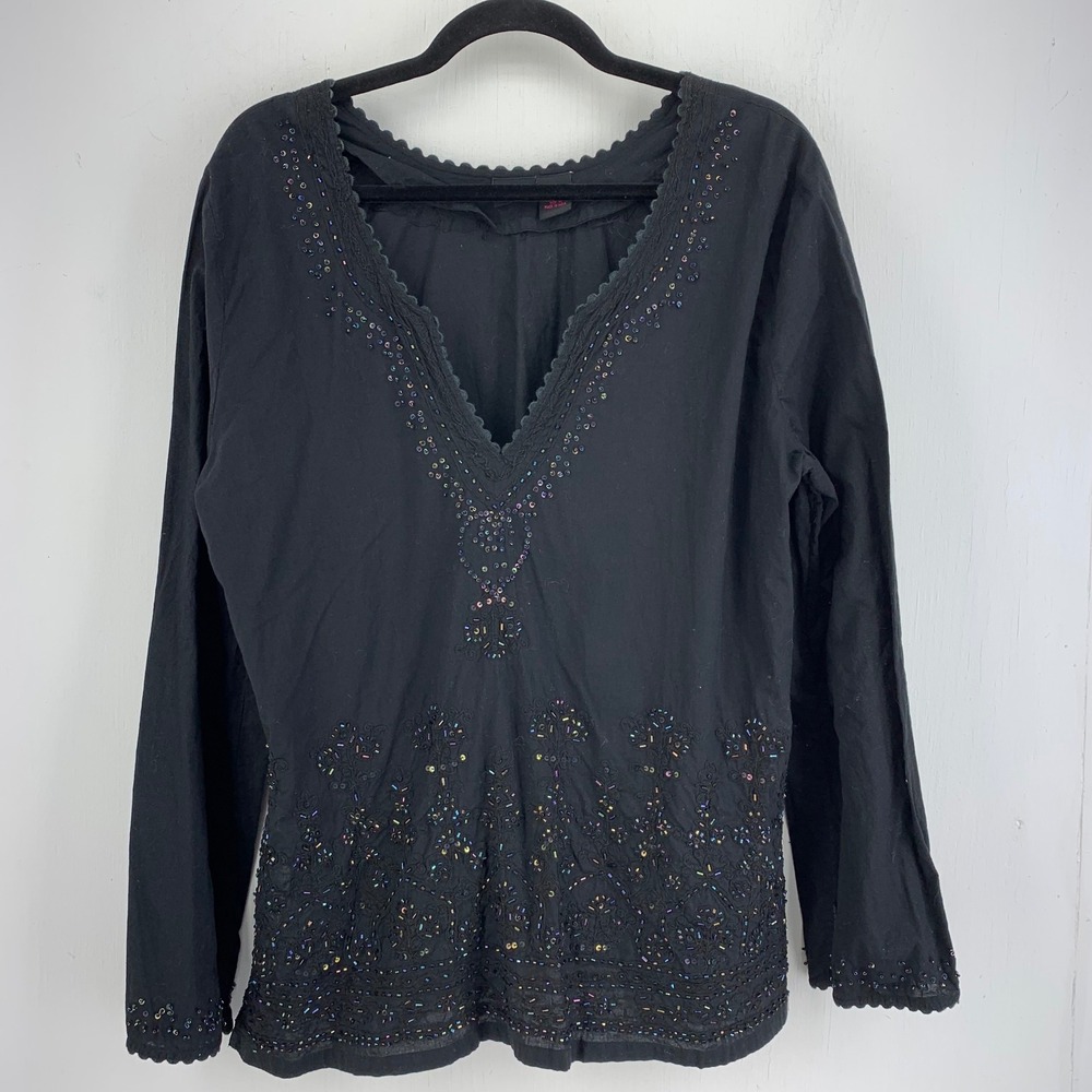 Boho Hippie Ethereal Natural Black Cotton Beaded Embroidered Boho Tunic Top XL